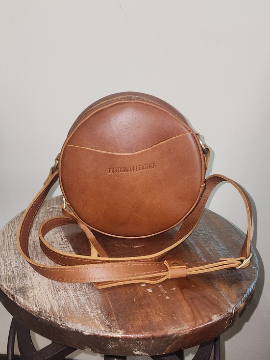 portland leather goods Handbags - Portland Leather Goods Brown Cognac Small Round Circle Crossbody Bag